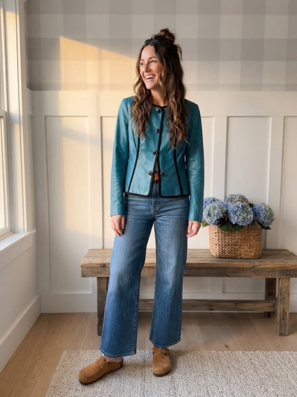 St. John Teal Leather Jacket with Black Trim Size 8